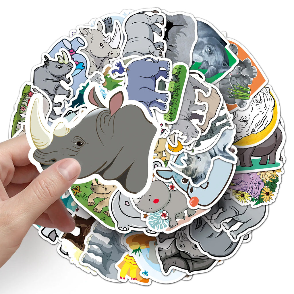 50-Pack Waterproof Rhino Cartoon Animal Graffiti Stickers for DIY Notebook Mobile Phone Luggage Decoration