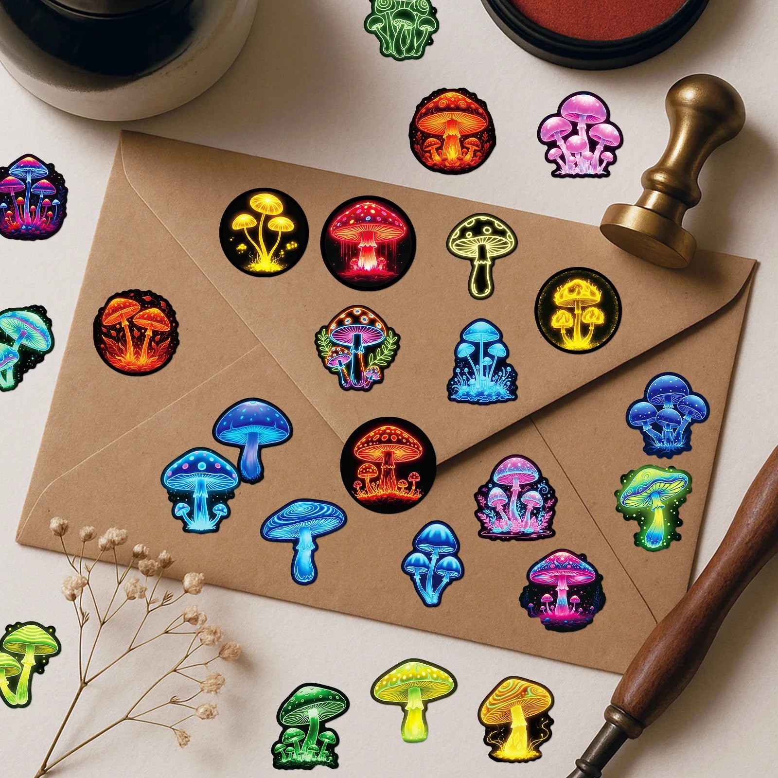 56/112Pcs Neon Mushroom Reusable Stickers Waterproof Decals for Helmet Skateboard Bicycle Computer Stationery Box Multicolor