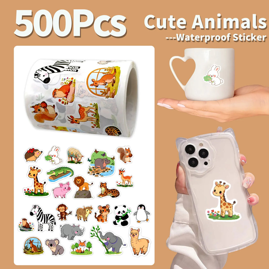1Roll(500Pcs) 24 Irregular Lovable Animals Vinyl Waterproof Stickers Reusable DlY Craft Decoration Graffiti Scrapbook Labels