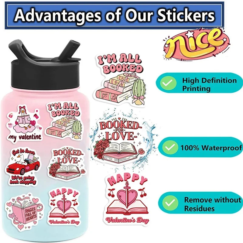 10/30/50PCS Pink Valentine's Day Book PVC Sticky Stickers Aesthetic DIY Colored Phone Laptop Luggage Skateboard Graffiti Decals