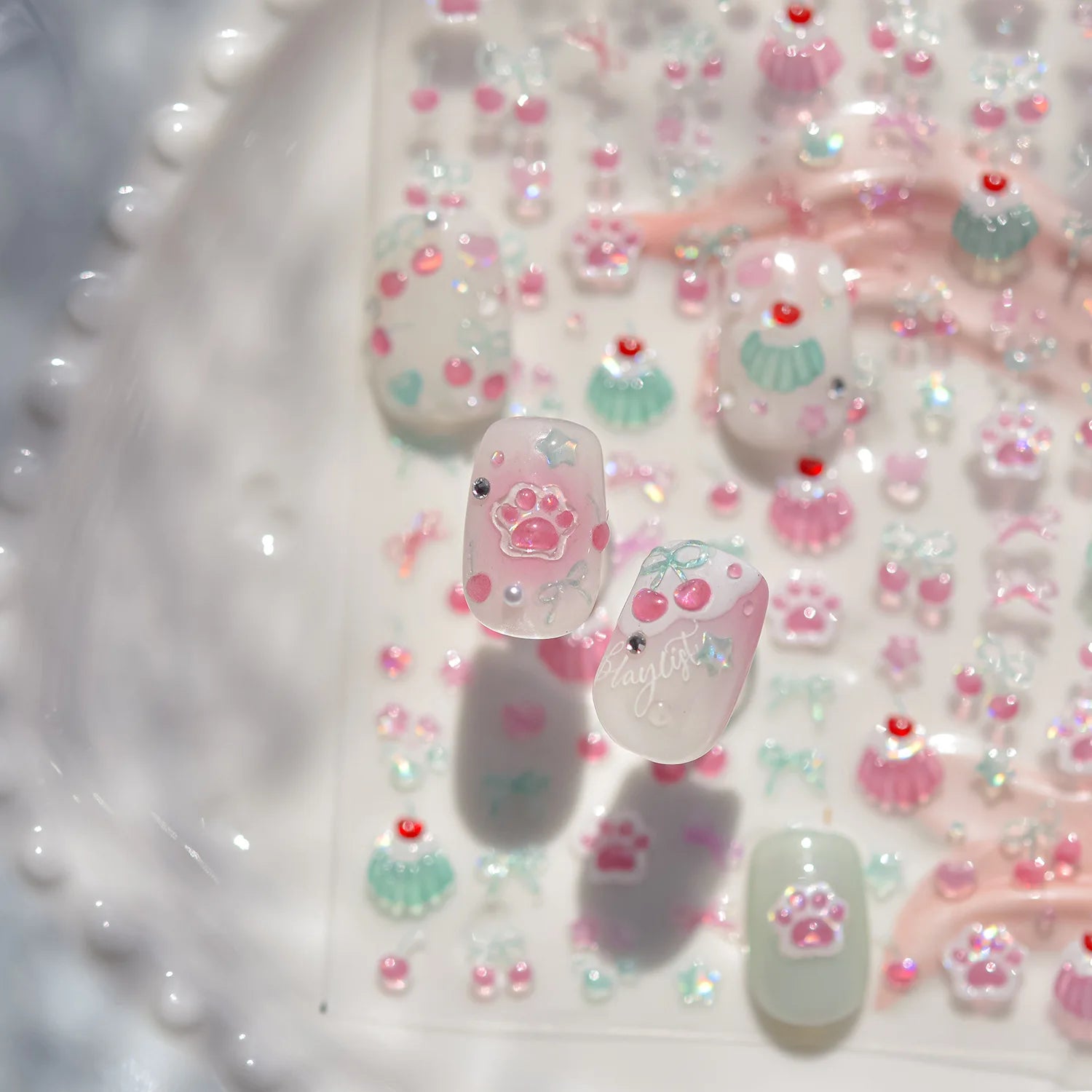 1pcs Cute 5D Jelly Nail Stickers Dessert Fruit Cherry Pink Claw Print Bowknot Love Nail Art Sticker Adhesive Manicure Decals DIY