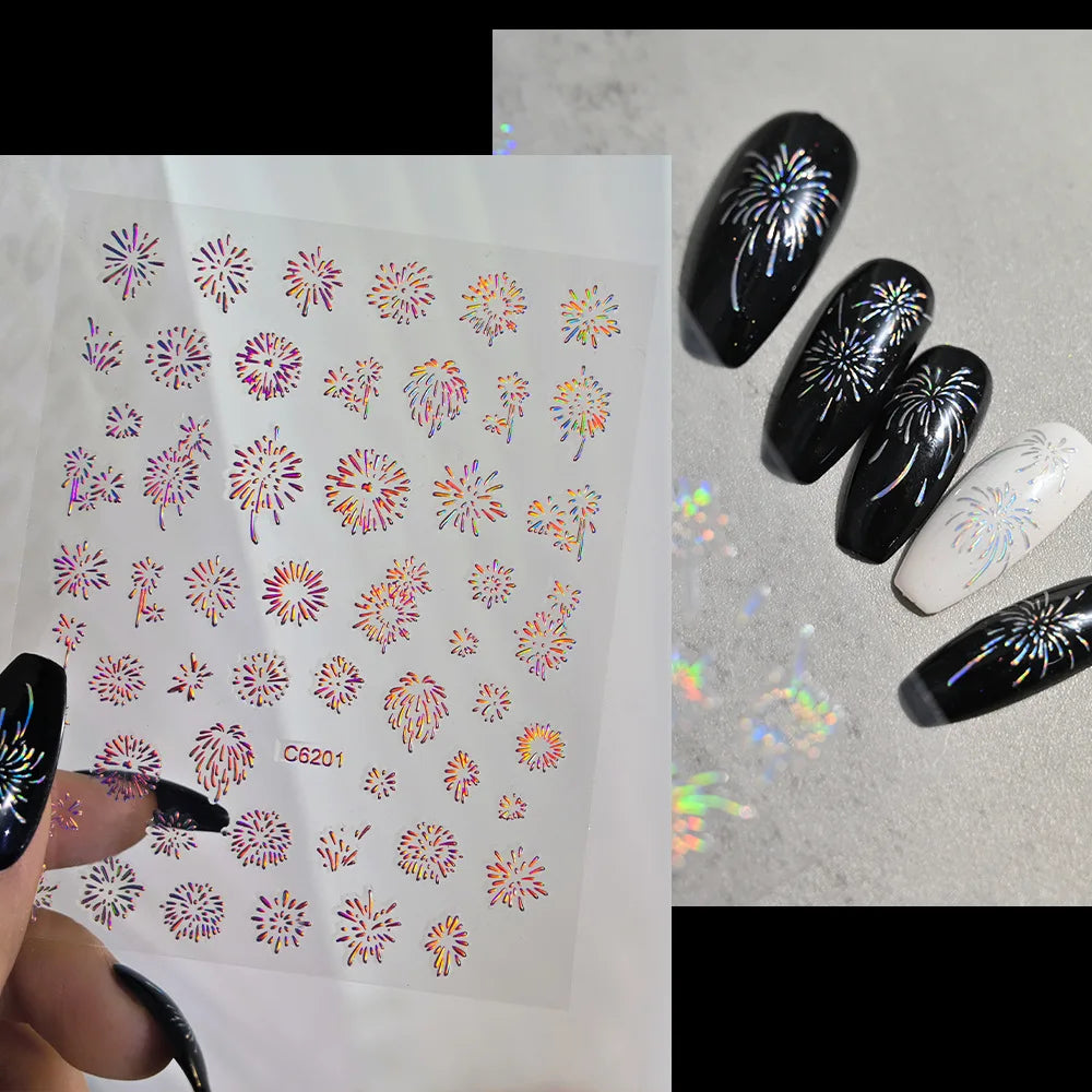 Laser Firework Nail Stickers 3D Self-Adhesive Blooming Fireworks Nail Art Decals New Year Firework Nail Decorations Slider 1pcs