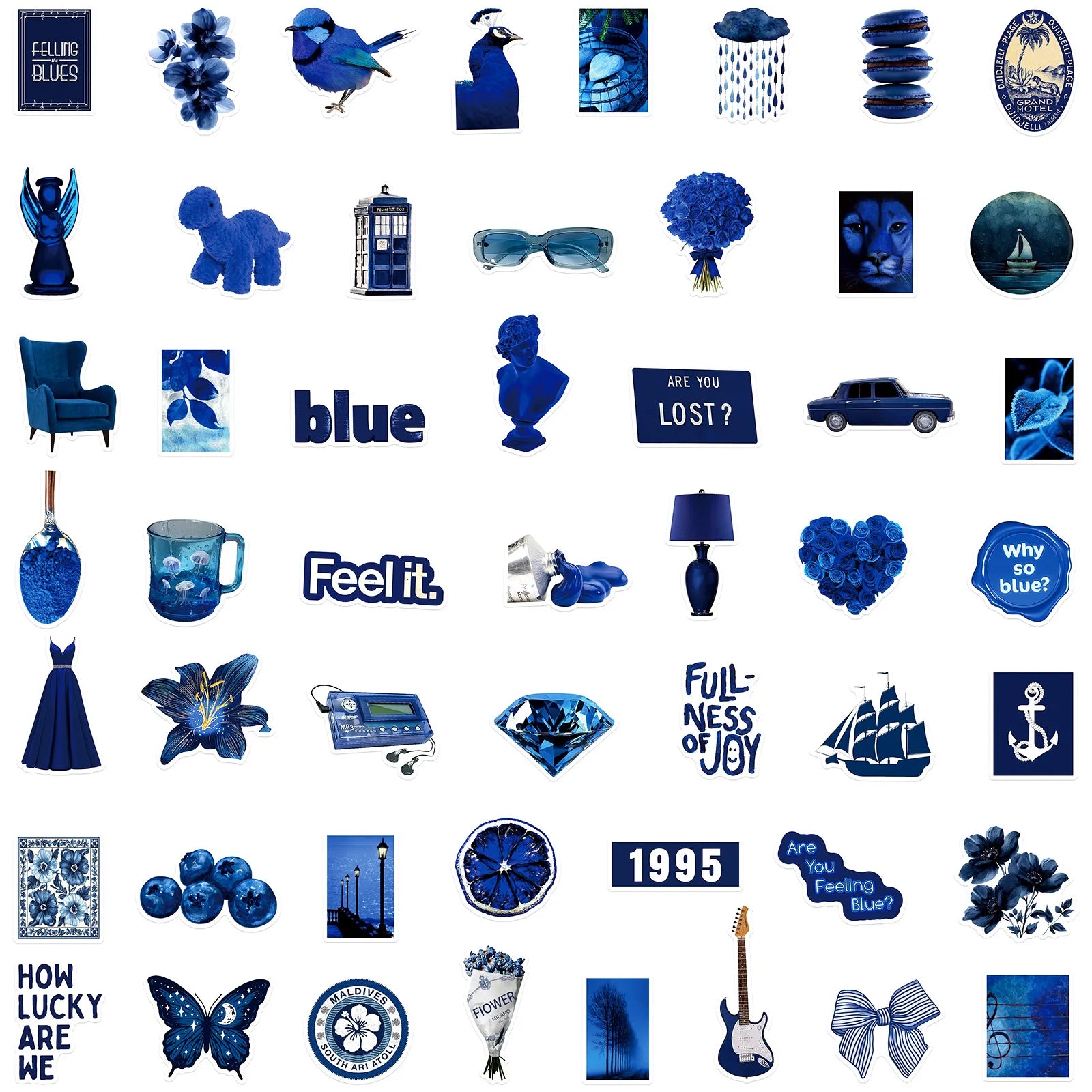 50-Pack Deep Blue Artistic Stickers for Phone Tablet Guitar Luggage Skateboard Notebook Stationery Decorative Graffiti Decals