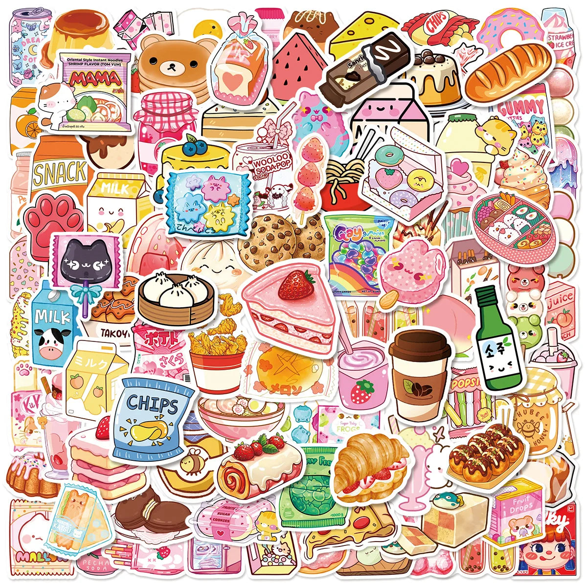 100-Piece Set Cute Snack Themed Scrapbooking Stickers for Tablet Laptop Student Stationery Diary Notebook Decoration