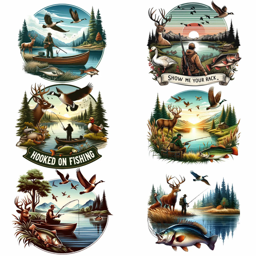 6 sheets Hunting Themed Iron-On Decals T-Shirt Heat Transfers for DIY, Deer, Fishing, Duck, T-Shirts, Masks, Jean, Backpack, Hat