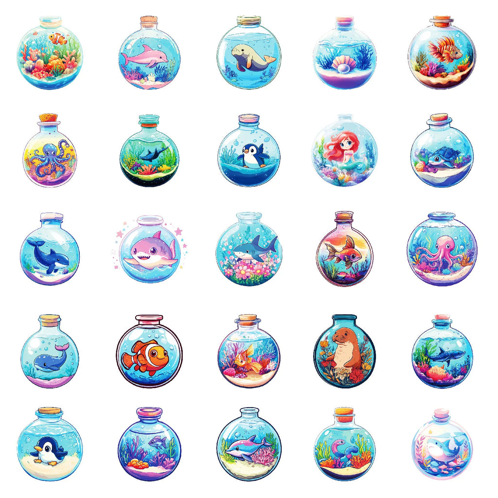 50-Pack Round Underwater World Cartoon Ocean Creature Stickers for Student Stationery Notebook Diary Luggage Decoration