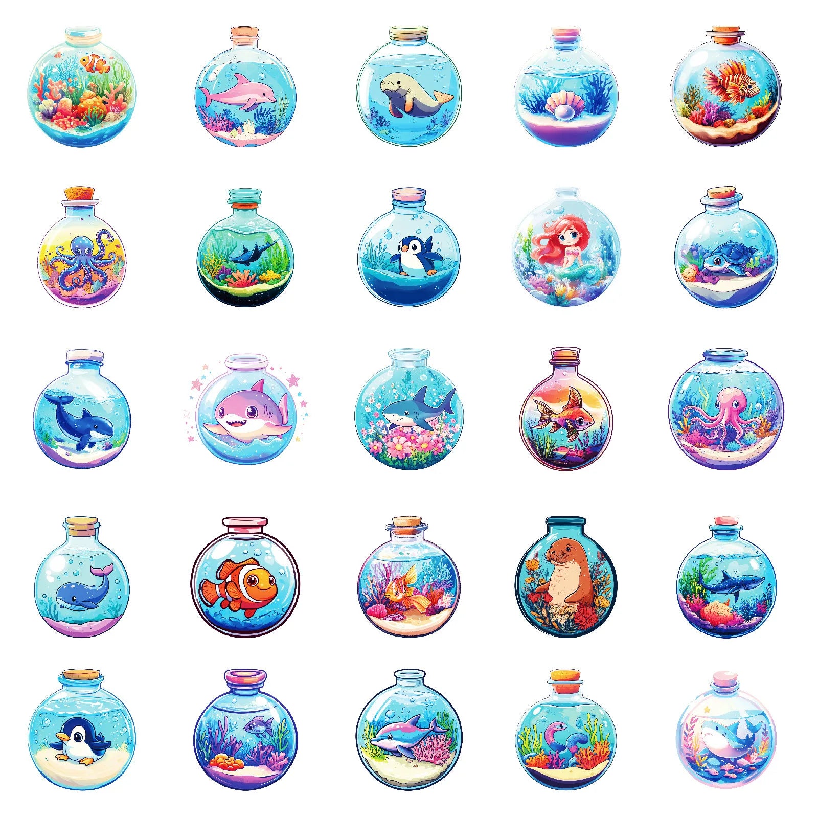 50-Pack Round Underwater World Cartoon Ocean Creature Stickers for Student Stationery Notebook Diary Luggage Decoration