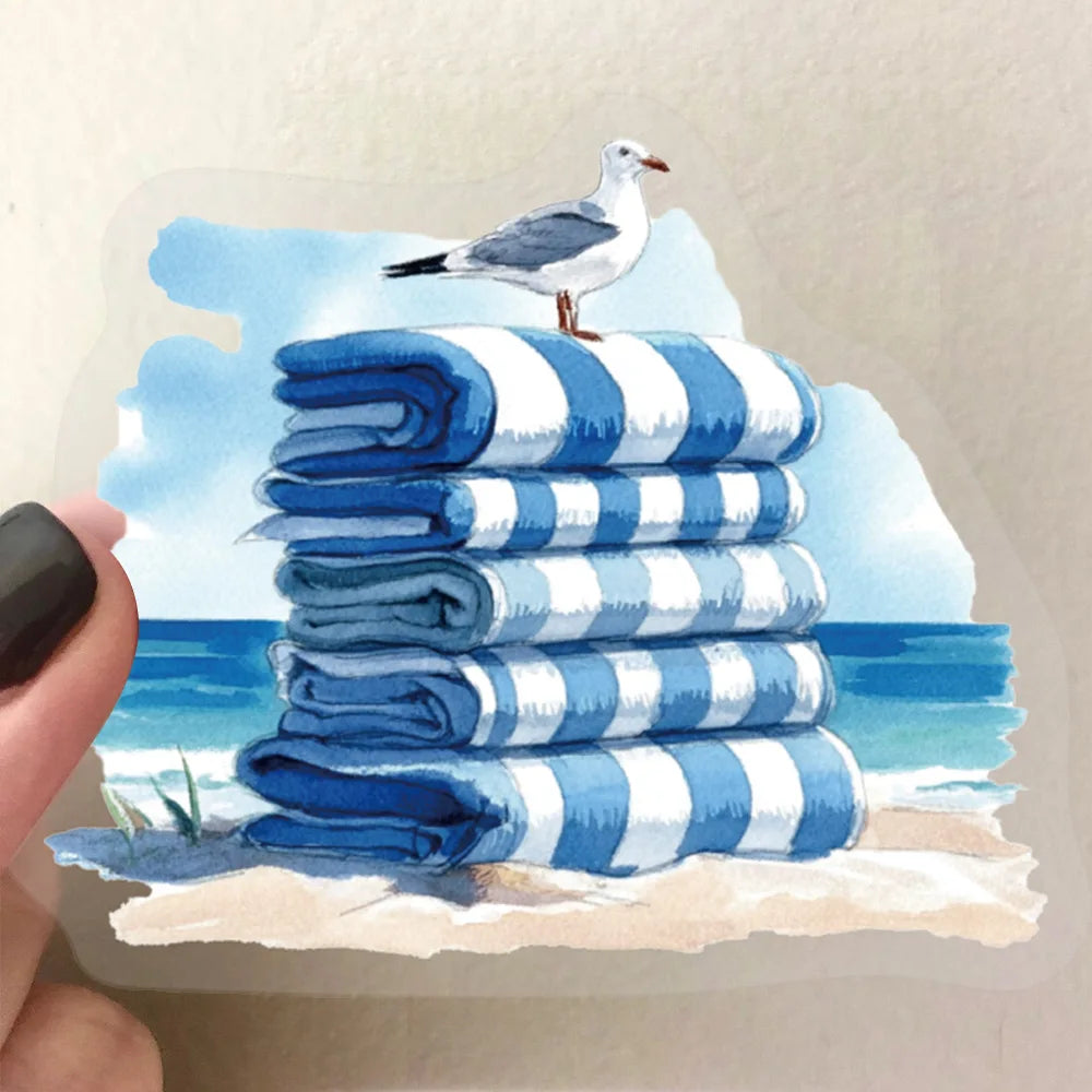 50/100 Pcs PET Clear Cartoon Blue Beach Stickers for Guitar Notebook Suitcase Phone Stationery Box File Holder Waterproof Decals