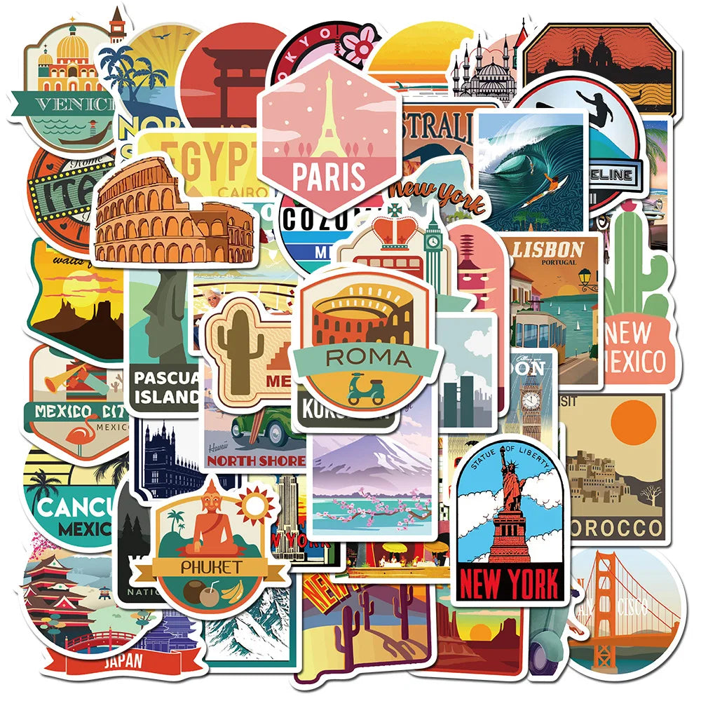 50/100PCS Travel City Landscape Graffiti Stickers Luggage Trolley Scooter Notebook Waterproof Stationery Stickers for Children
