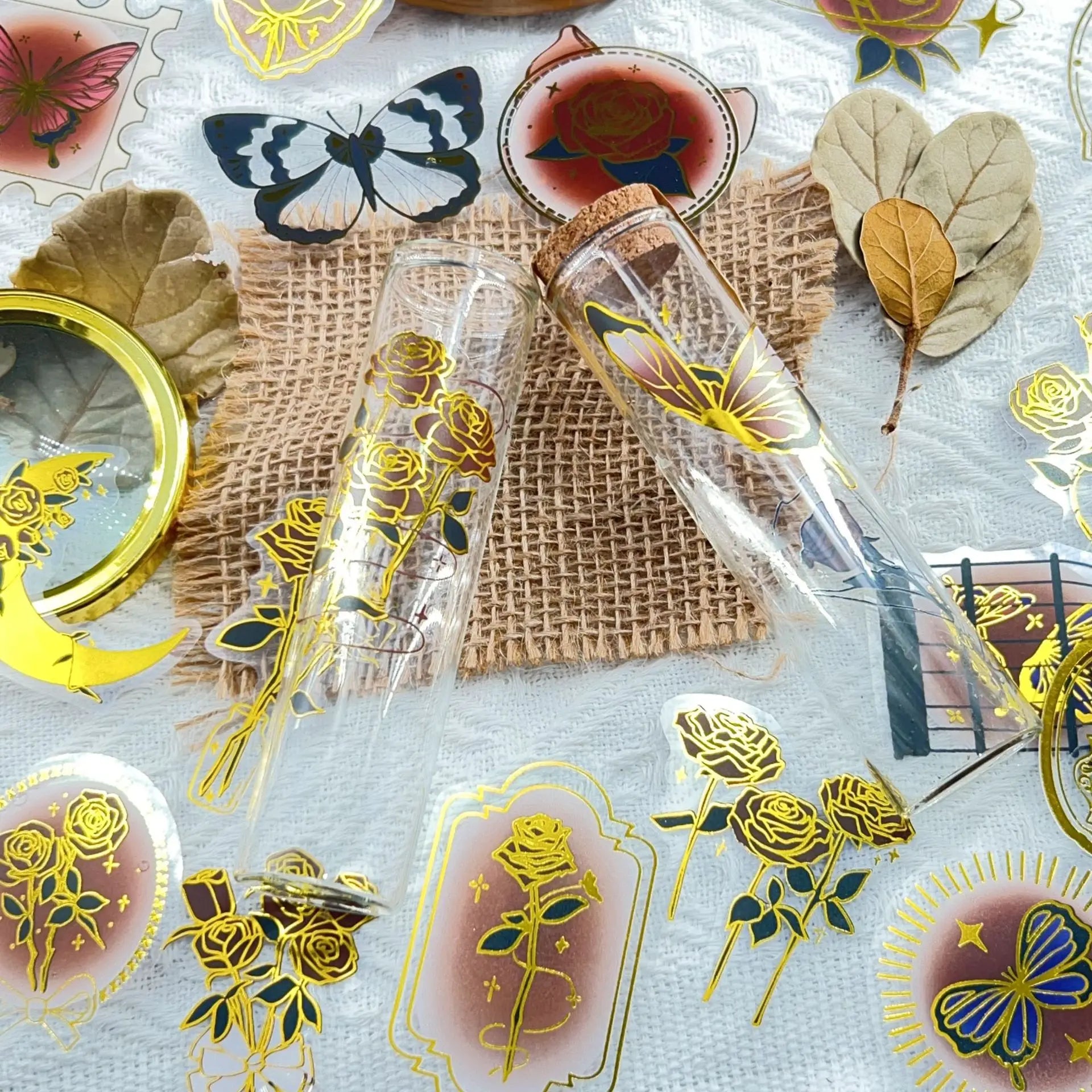 50/100PCS Retro Rose Notebook Sticker Pack Waterproof Transparent PET Decorative Guitar Notebook Hot Stamping Stickers