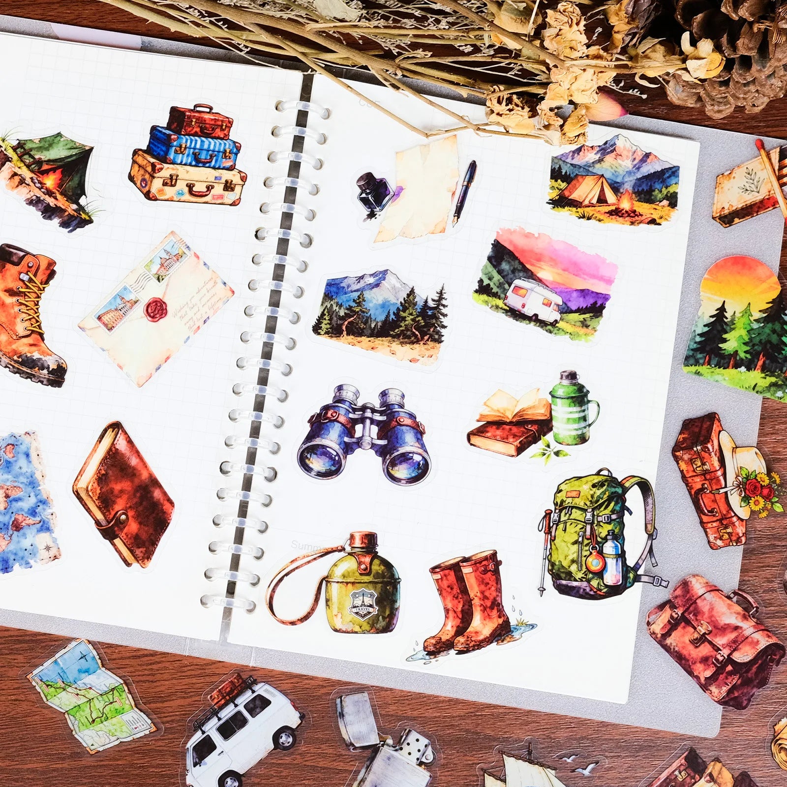 56Pcs Travel Outdoor Vintage PET Stickers, Watercolor Adventure Decals Children's Waterproof Stationery Notebook Stickers