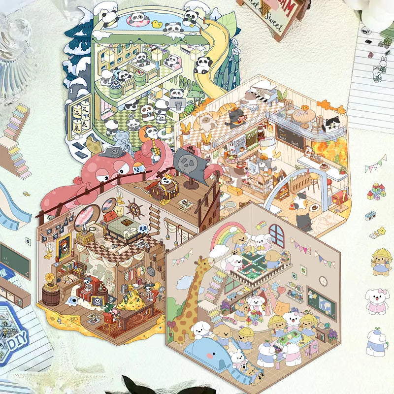 Cartoon Scenery Stickers, Cute Miniature World 3D Decompression DIY Scene Stationery Decals Stickers