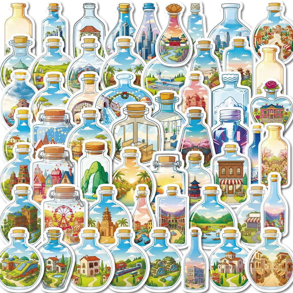 56/112PCS Bottle World Glass Cartoon Stickers Miniature Landscape Building Dreamy Healing Waterproof Stationery Reward Stickers