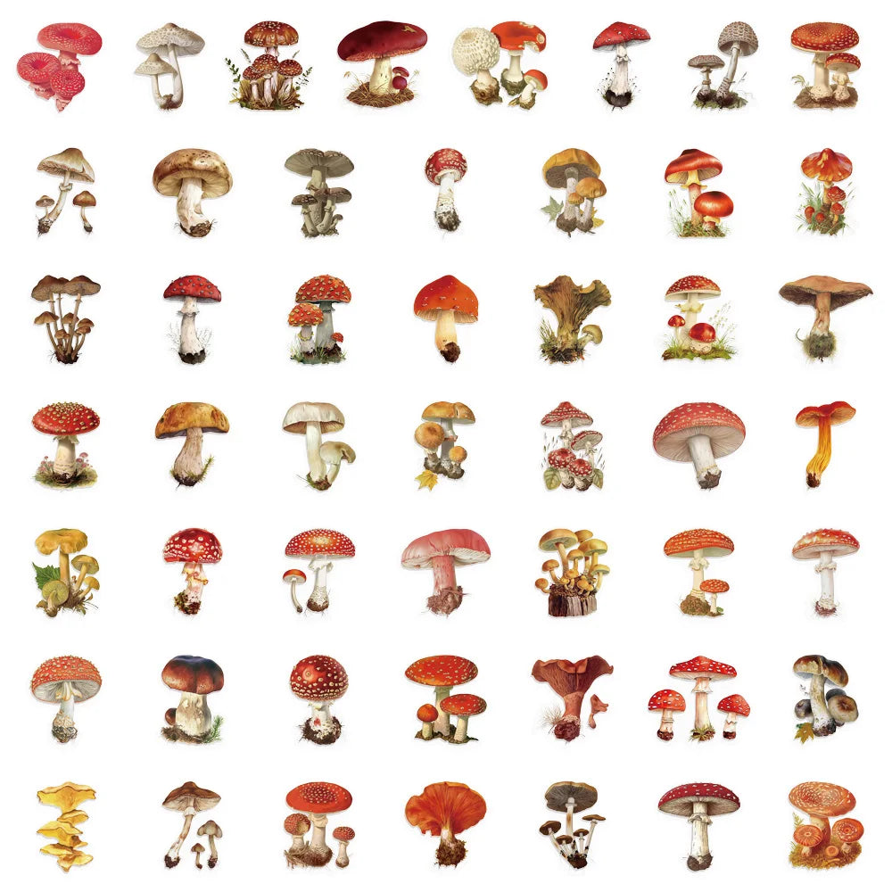 50PCS Retro Mushroom Decorative Cartoon Stickers Fun Stickers DIY Manual Scrapbook Fixed Phone Laptop Stickers Toy