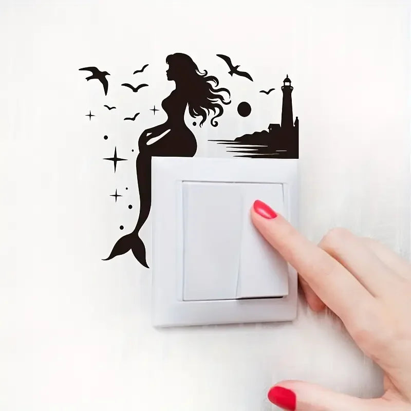 Home Decoration - Mermaid Ocean Lighthouse Black Silhouette Switch Stickers, Wall Stickers, Self Adhesive PVC Bedroom Wall Stick