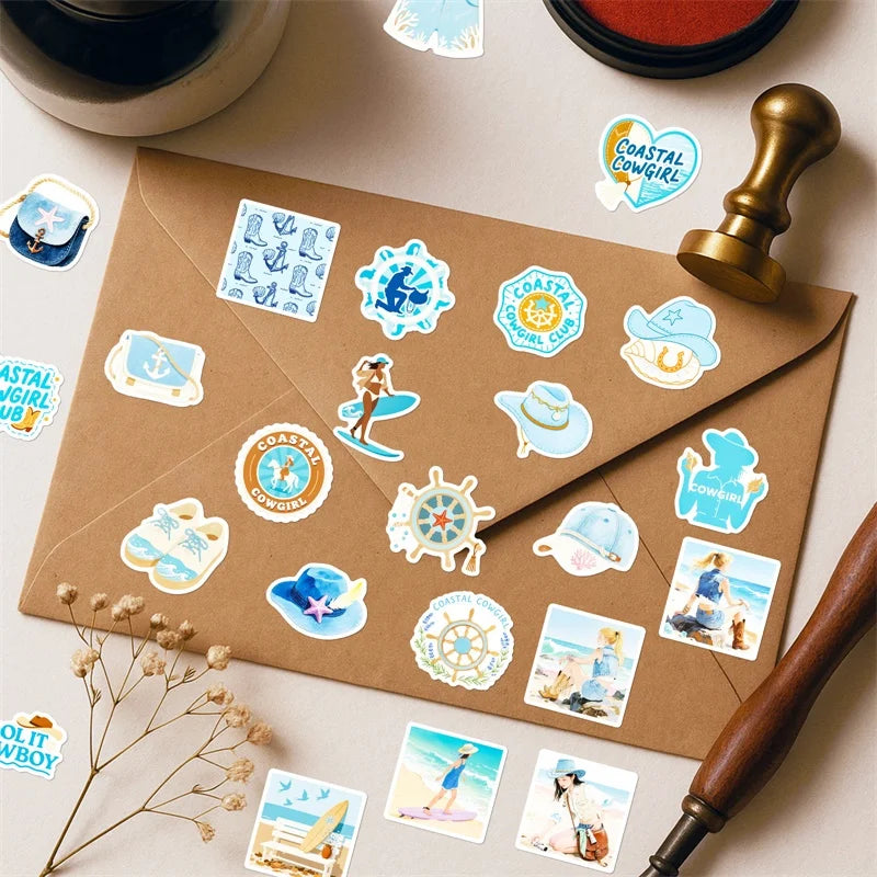 10/30/56PCS Kawaii Blue Seaside Life PVC Sticky Stickers Aesthetic DIY Colored Phone Laptop Luggage Skateboard Graffiti Decals