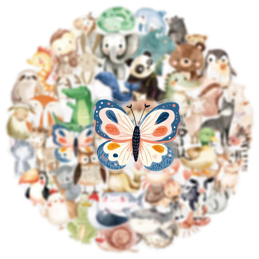 50/100PCS Transparent PET Watercolor Animal Stickers DIY Laptop Decoration Stationery Stickers