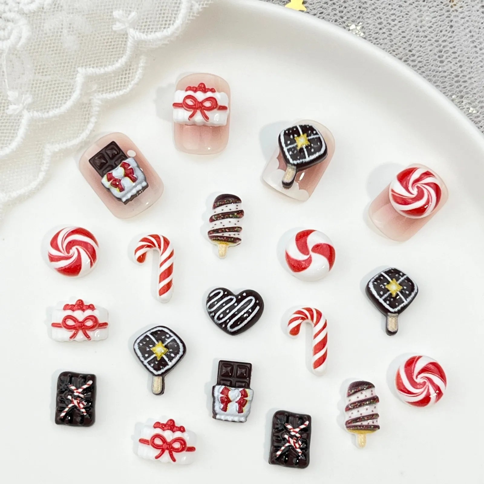 10pc Christmas Chocolate Candy Nail Charms Cute Simulation Series Food Play Cake Nails Accessories DIY Rhiestones Nails Decorati