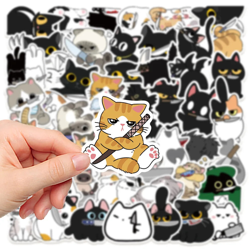 50/100PCS Cat with Knife Graffiti Stickers Cross border Cute Animals Cat DIY Phone Case Luggage Waterproof Stickers