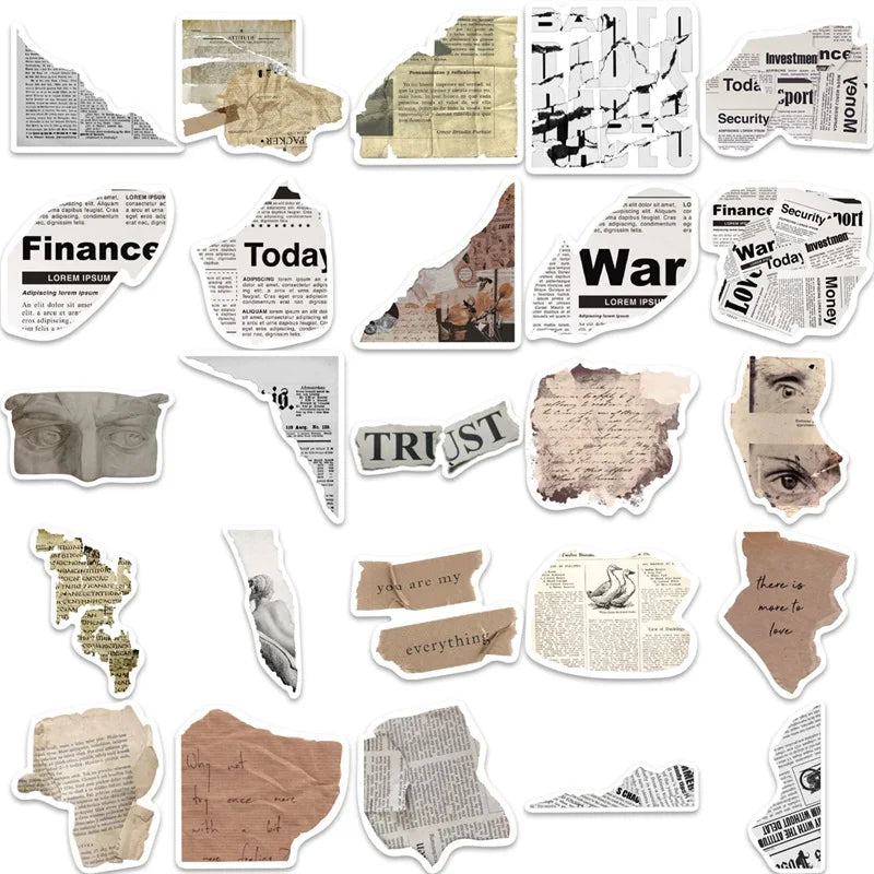 10/30/52PCS Vintage Newspaper PVC Sticker Aesthetic Children's Korean Stationery School Supplies DIY Decoration Scrapbooking