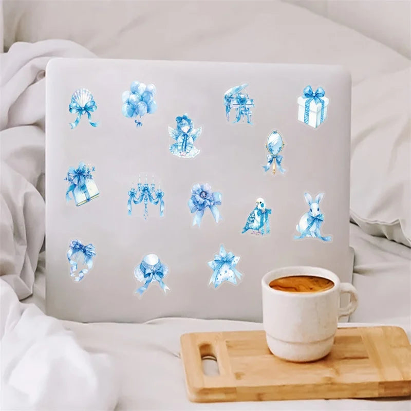 50PCS Kawaii Blue Bow PET Sticky Sticker Aesthetic Tear Open Korean Decoration Scrapbooking Stationery Supplies for Kids