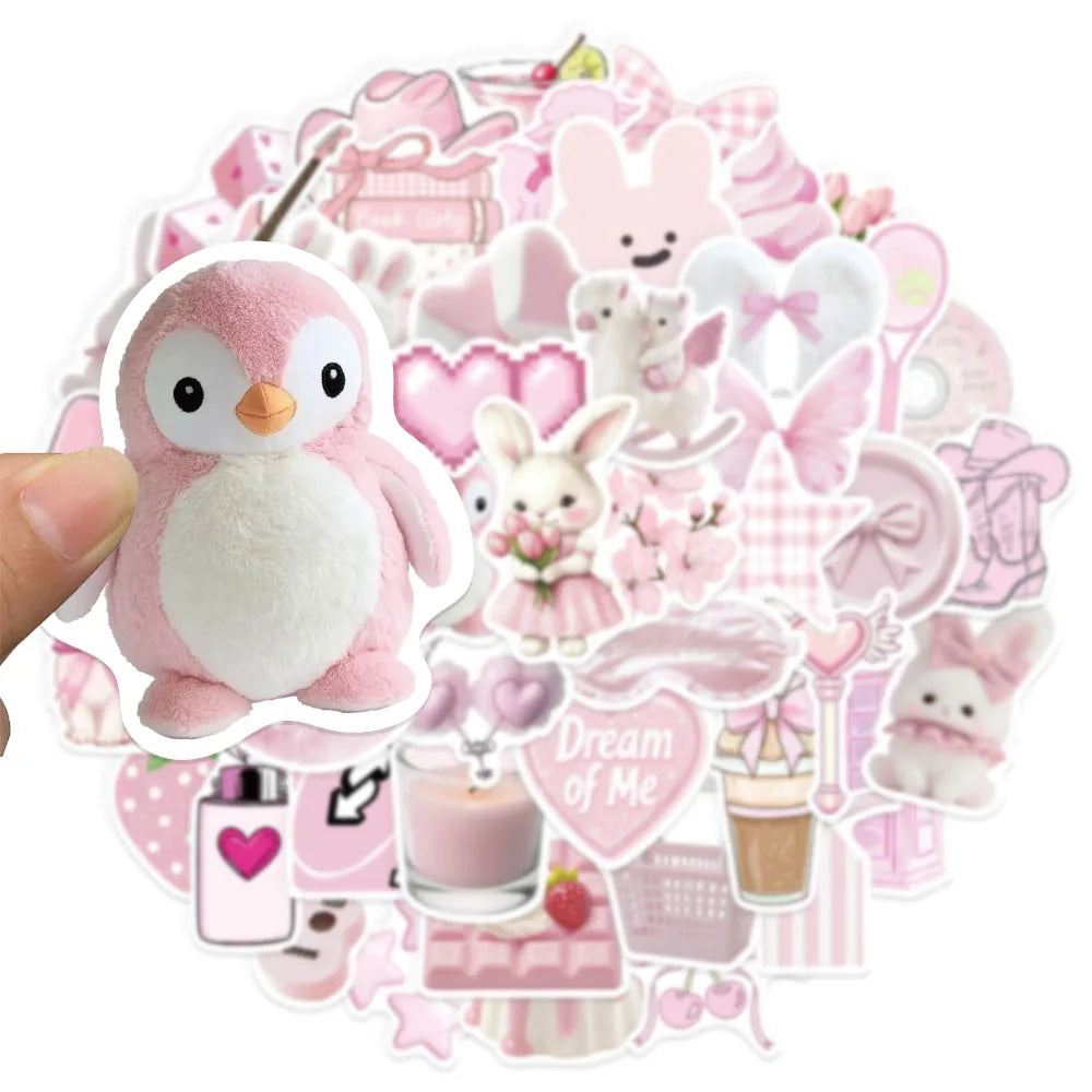 50PCS Pink Cartoon Graffiti Fun Pink DIY Stickers Scrapbook Manual Mobile Luggage Skateboard Waterproof Stickers
