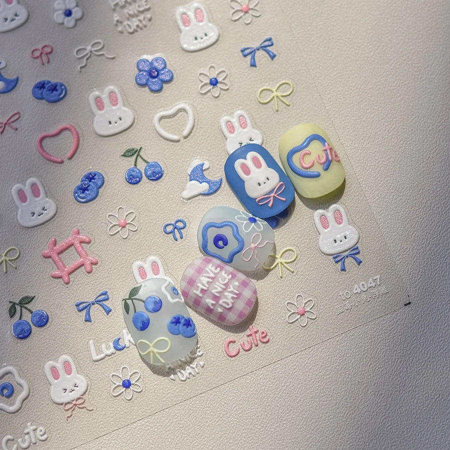 1pcs 5D Kawaii Rabbit Nail Stickers Embossed Cartoon Pink Blue Flower Adhesive Nail Art Decorations Decals Slider DIY Accessory