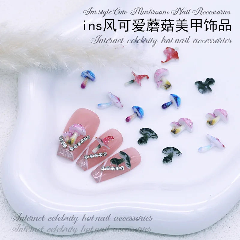 Cute And Magical Mushroom Nail Art Accessories Resin Cartoon Little Mushroom Nail Charms Wearable Nail Rhinestones Decorations