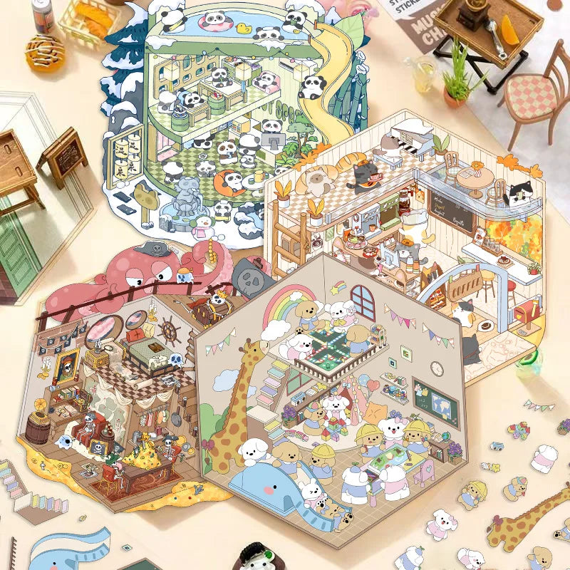 Cartoon Scenery Stickers, Cute Miniature World 3D Decompression DIY Scene Stationery Decals Stickers