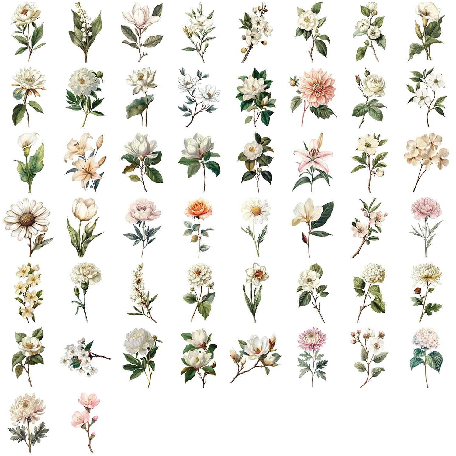 50/100PCS Transparent Retro Long Branch Flower Sticker Pack Waterproof Transparent PET Decorative Guitar Notebook Stickers