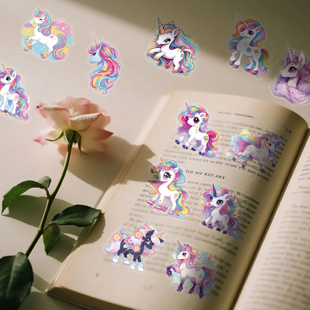 56/112PCS Cute Unicorn Transparent PET Stickers Dreamy Fairy Tale Rainbow Horse Tablet Stationery  Notebook Waterproof Sticker