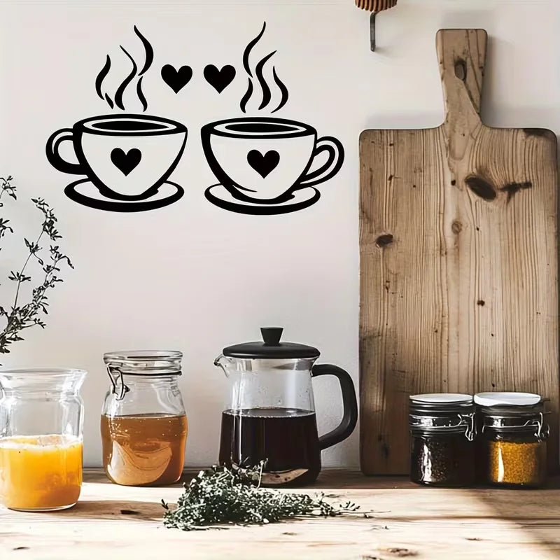 1pc Coffee Cup Wall Decorations Vinyl Kitchen Wall Decorations Sticker Black Coffee Tea Sign Decorative Flowery Wall Art Sticker