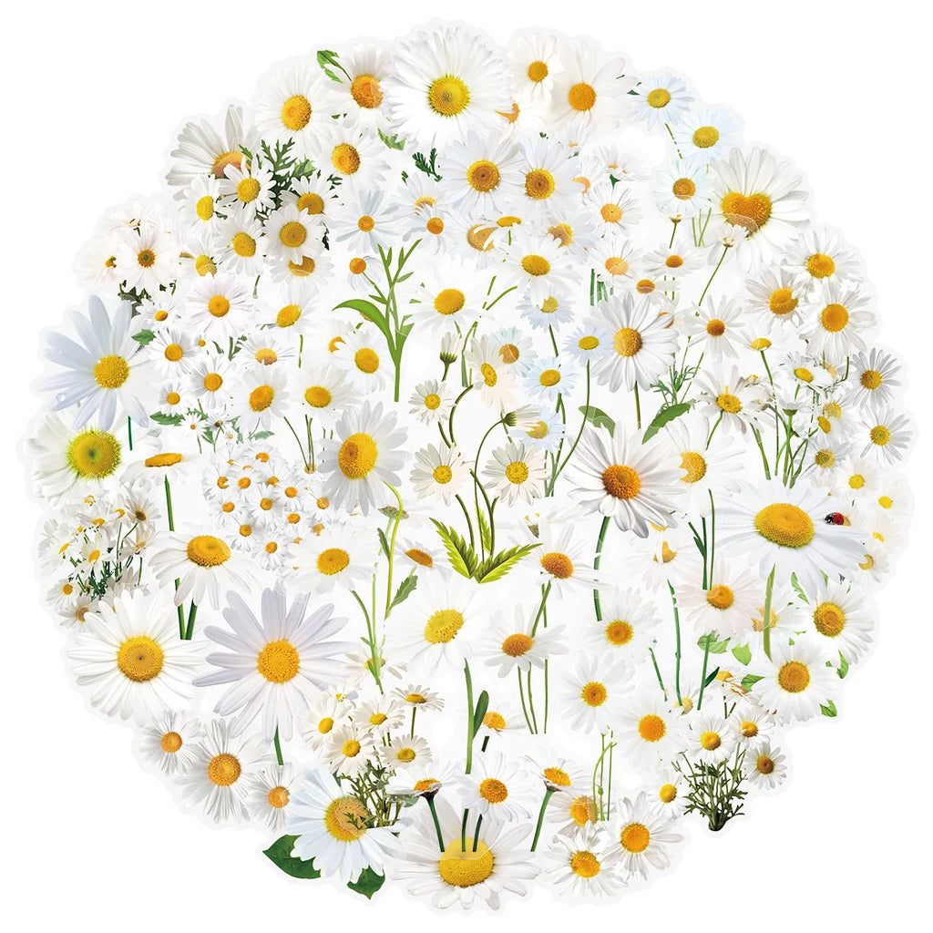 50PCS Transparent Daisy/Sunflower Stickers Decorative Guitar Notebook Waterproof PET Notebook Stationery Box Flower Stickers
