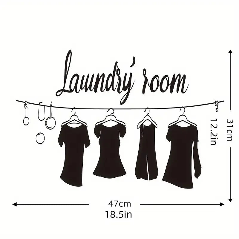 Black 'Laundry Room' Wall Decal with Clothes Hanging Design - Removable, Reusable Sticker for Kitchen & Living Room Decor, Moder