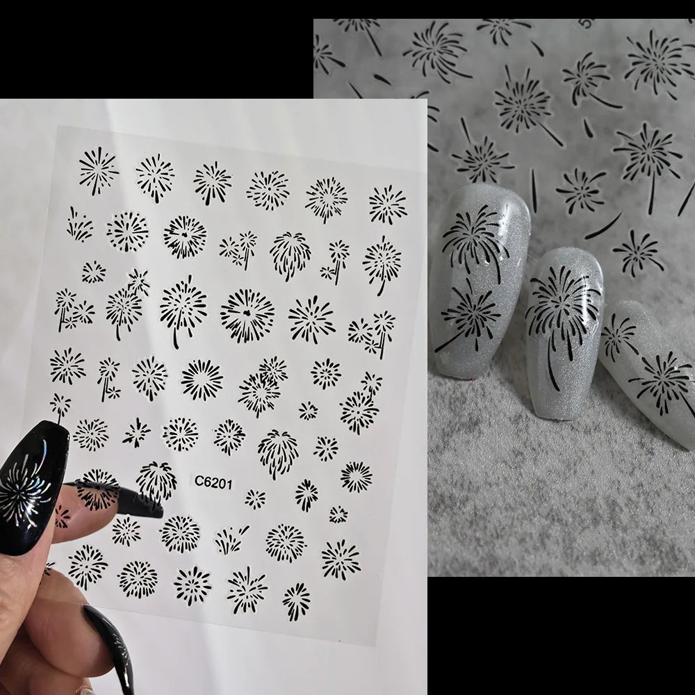 Laser Firework Nail Stickers 3D Self-Adhesive Blooming Fireworks Nail Art Decals New Year Firework Nail Decorations Slider 1pcs