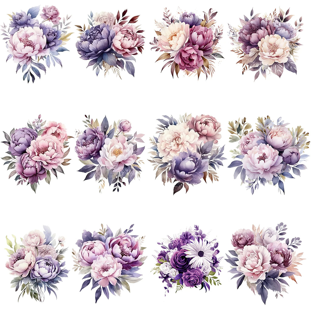 12 Pack Purple Flower Theme Iron-On Transfer Stickers, Design Decals Heat Press Decals, Vinyl Heat Transfer Patches