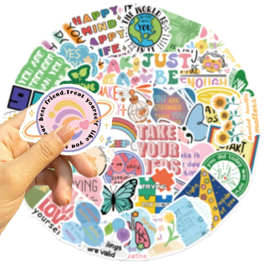 50PCS Cartoon Mental Health Graffiti Stickers Decorative Guitar Notebook Luggage DIY Waterproof Pen Holder Stationery Stickers