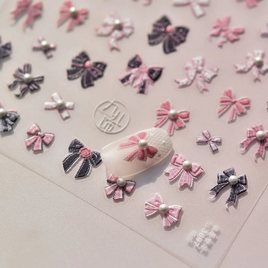 Sweet Pink Black Bow Kont Nail Charms Stickers 5D Luxury Crystal Diamond Nail Sticker Retro Ribbon Bow Adhesive Manicure Decals