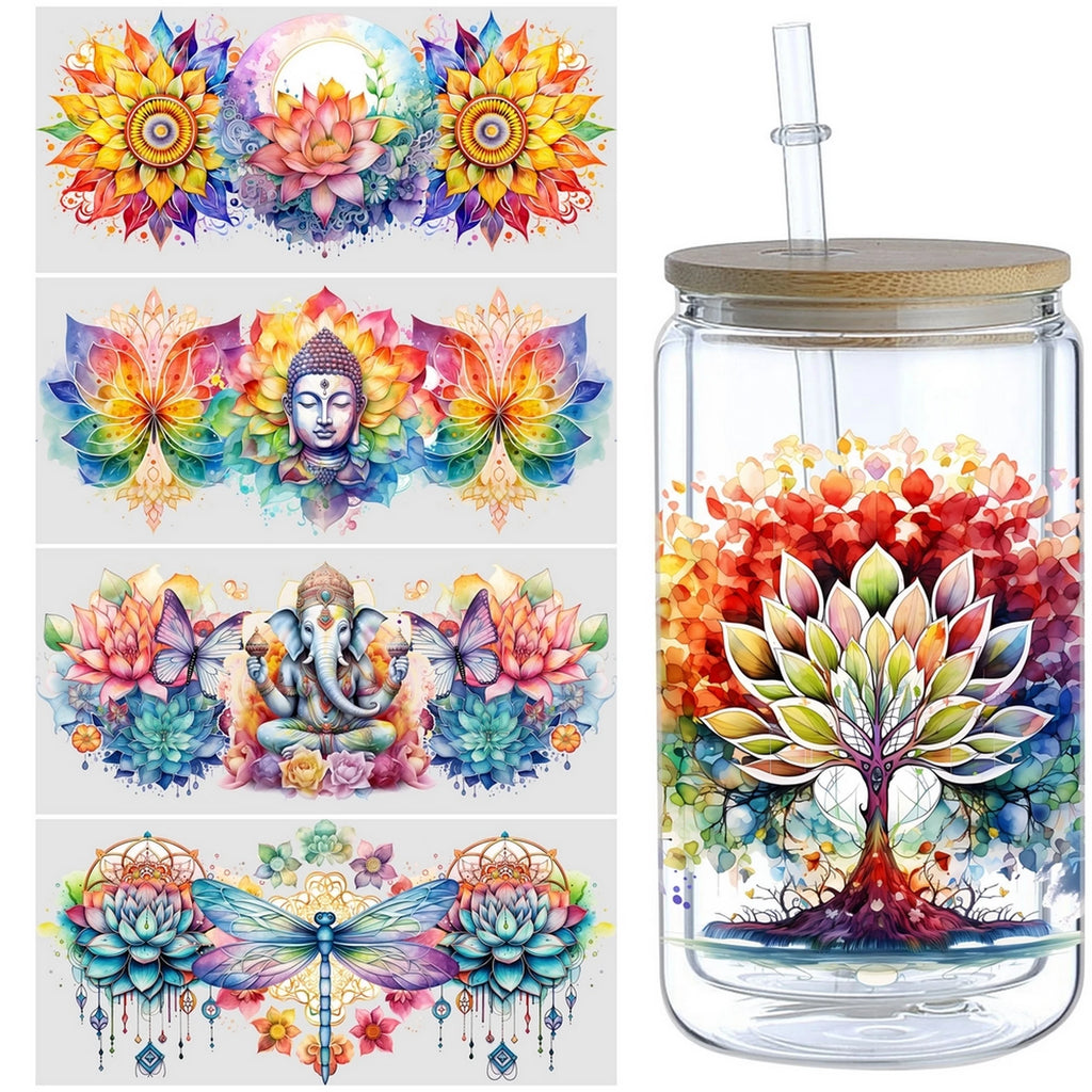 5 Sheets Indian Buddha Birthday UV DTF Cup Stickers, DTF Friction Transfer Stickers, Waterproof Transfer Stickers