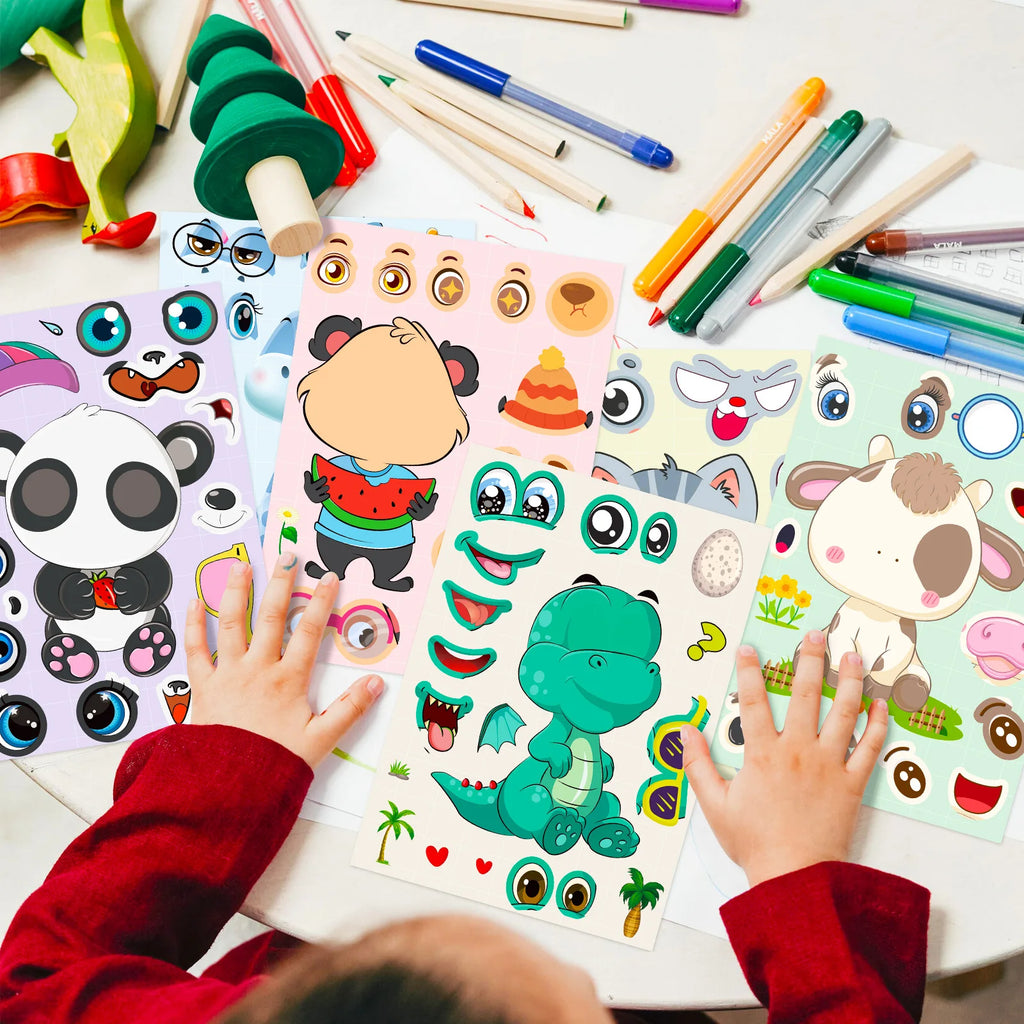 6/12 Pcs Large Cartoon Animal Make A Face Puzzle Relocatable Stickers DIY Game for Scrapbook Desk Stationery Box Helmet Phone