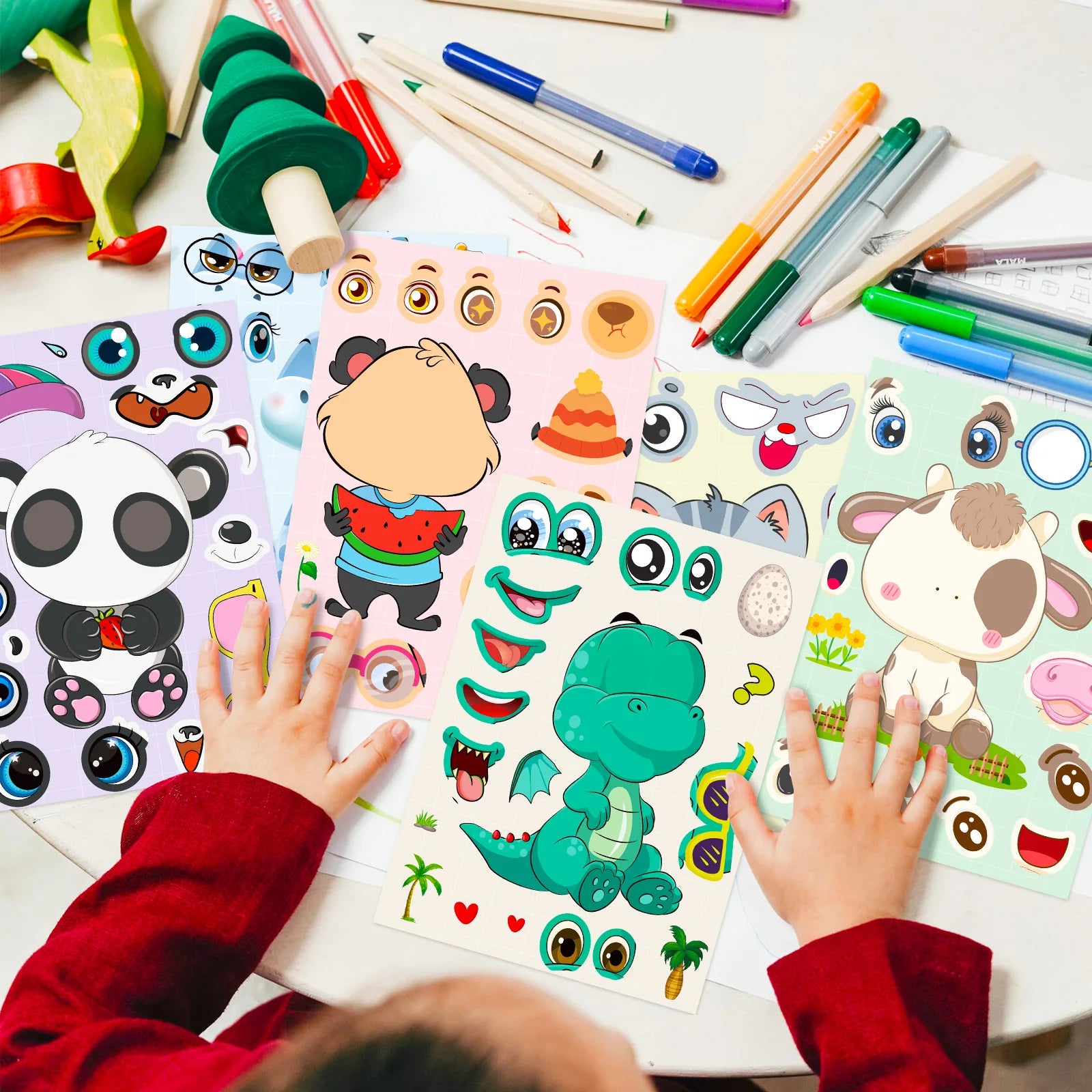 6/12 Pcs Large Cartoon Animal Make A Face Puzzle Relocatable Stickers DIY Game for Scrapbook Desk Stationery Box Helmet Phone