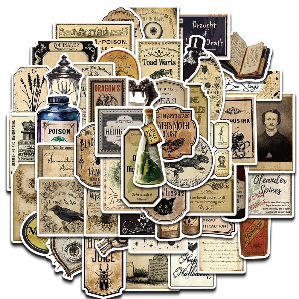 50PCS Gothic Pharmacist Medication Label Stickers Skateboard Designs Phone Luggage Waterproof Scrapbooking Laptop Wall Sticker