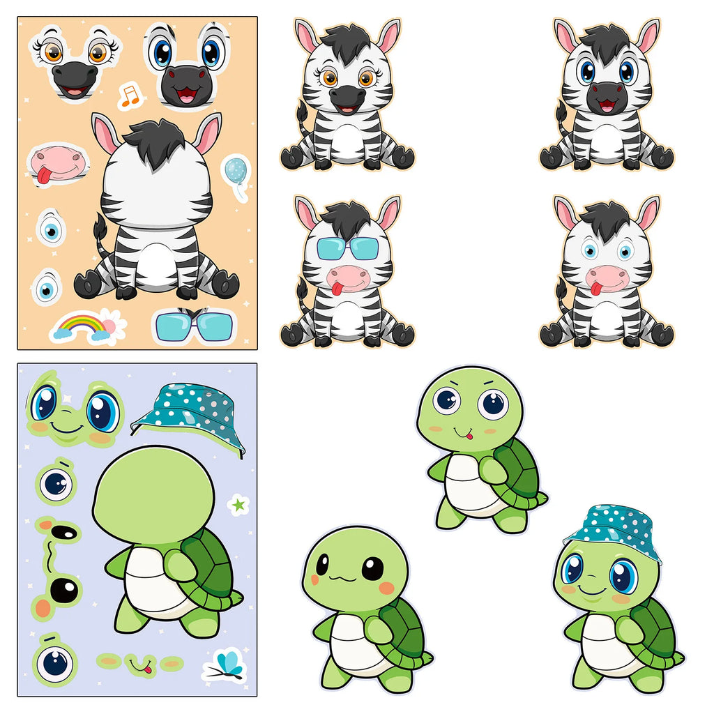 6Sheets Cute Cartonn DIY Puzzle Sticker Games Animals Make A Face Funny Assemble Stickers Decor