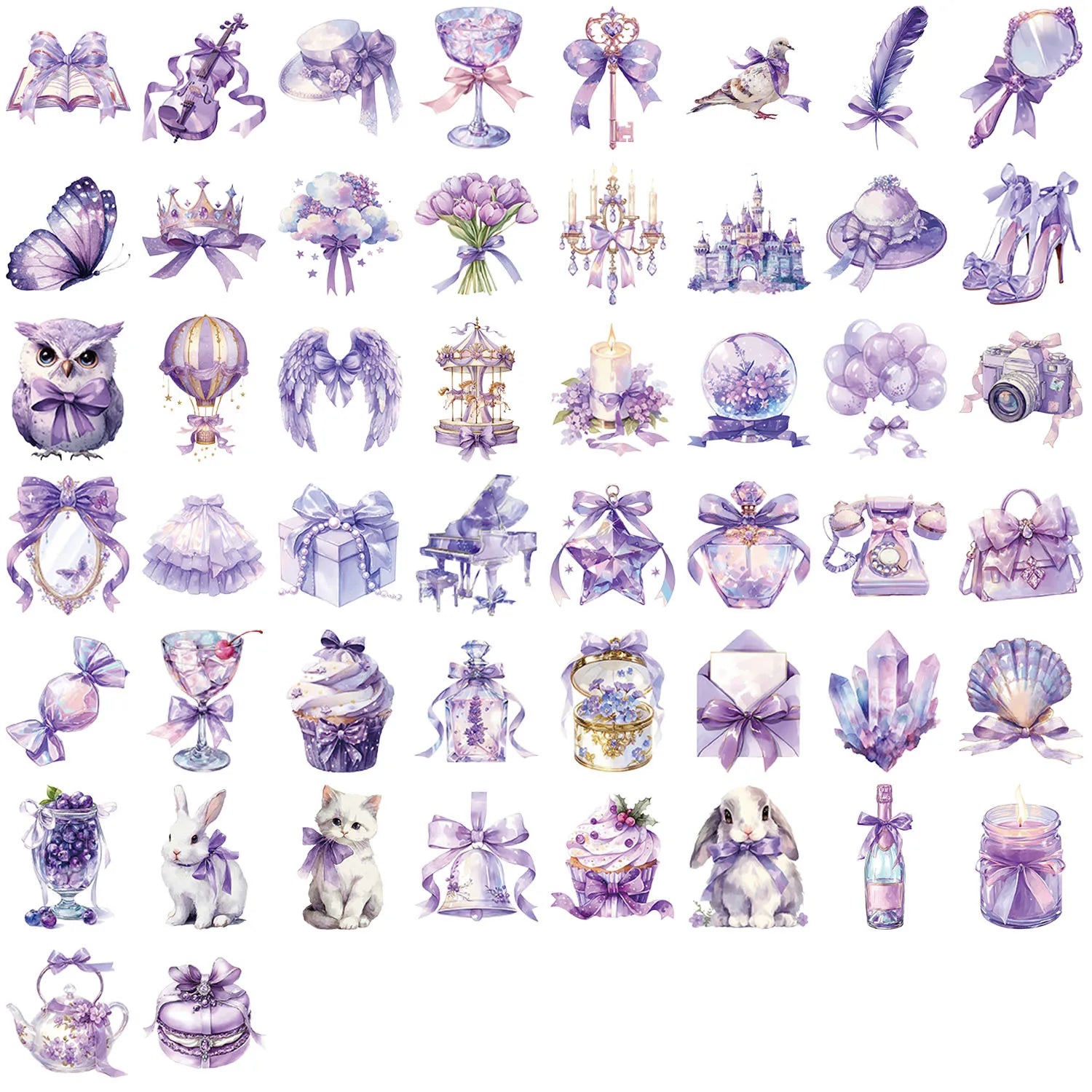 50/100PCS Cute Cartoon Purple Dream Waterproof Transparent PET Stickers Decor for Notebook Stationery Helmet Skateboard