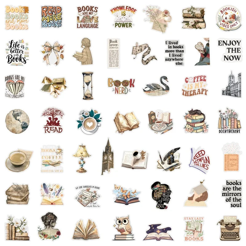 50PCS Vintage Reading PET Sticky Sticker Aesthetic Tear Open DIY Decoration Scrapbooking Stationery Supplies for Kids