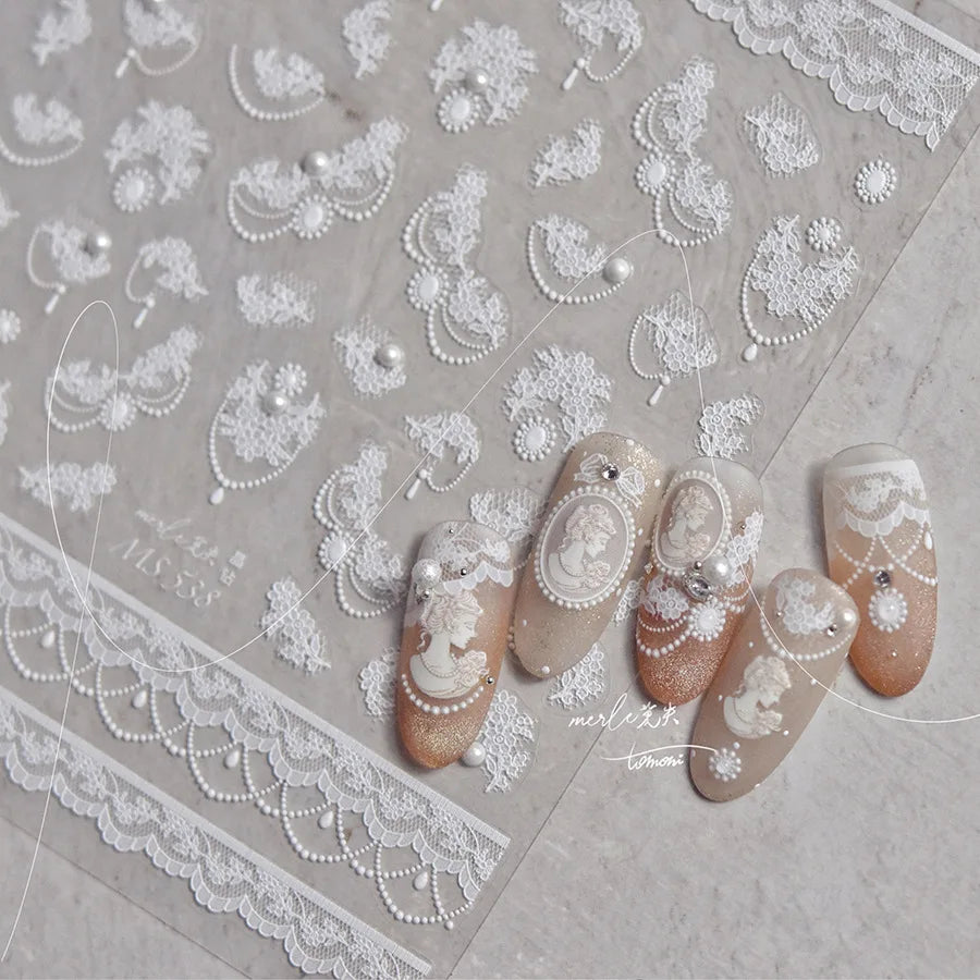 Fashion Lace Flower Charming Nail Stickers Luxury 5D Crystal Diamond Pearl Nail Art Stickers Self Adhesive Manicure Tools Decals