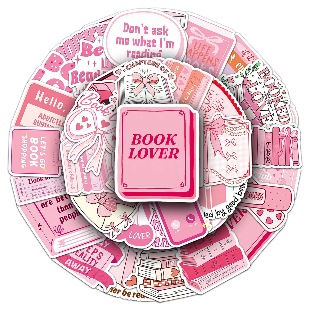 50-Pack Pink Bookish Romantic Graffiti Decal Stickers for Phone Laptop Guitar Helmet Skateboard Luggage Notebook