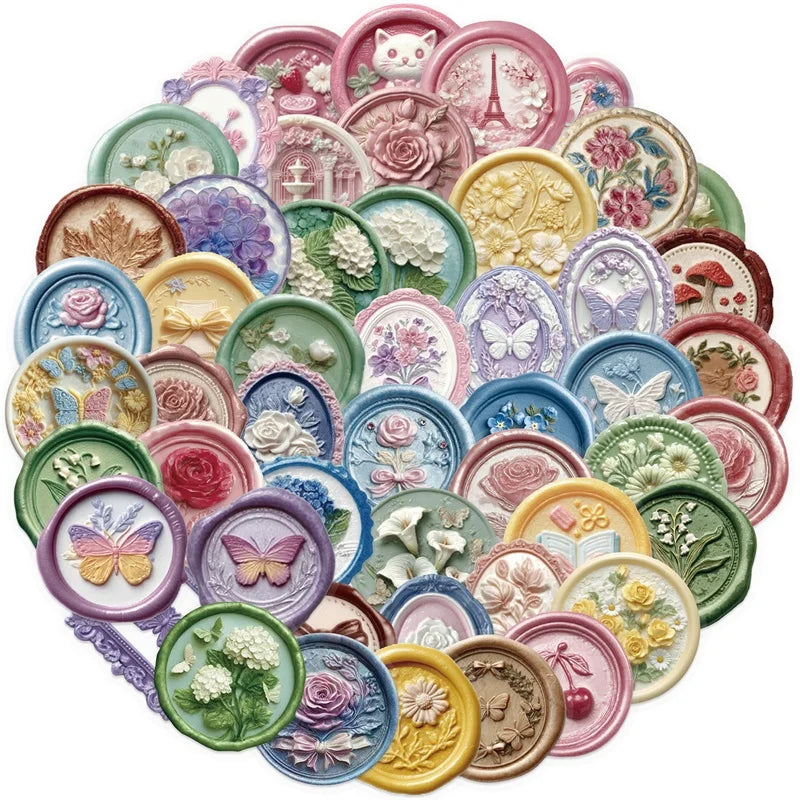 50PCS Kawaii Relief Seal PET Sticky Sticker Aesthetic Korean Stationery DIY Decoration Scrapbooking School Supplies for Kids