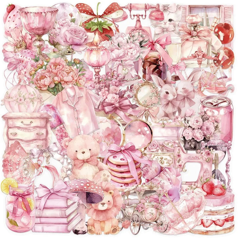 50PCS Cartoon Pink PET Sticky Sticker Aesthetic Korean Stationery DIY Decoration Scrapbooking School Supplies for Kids