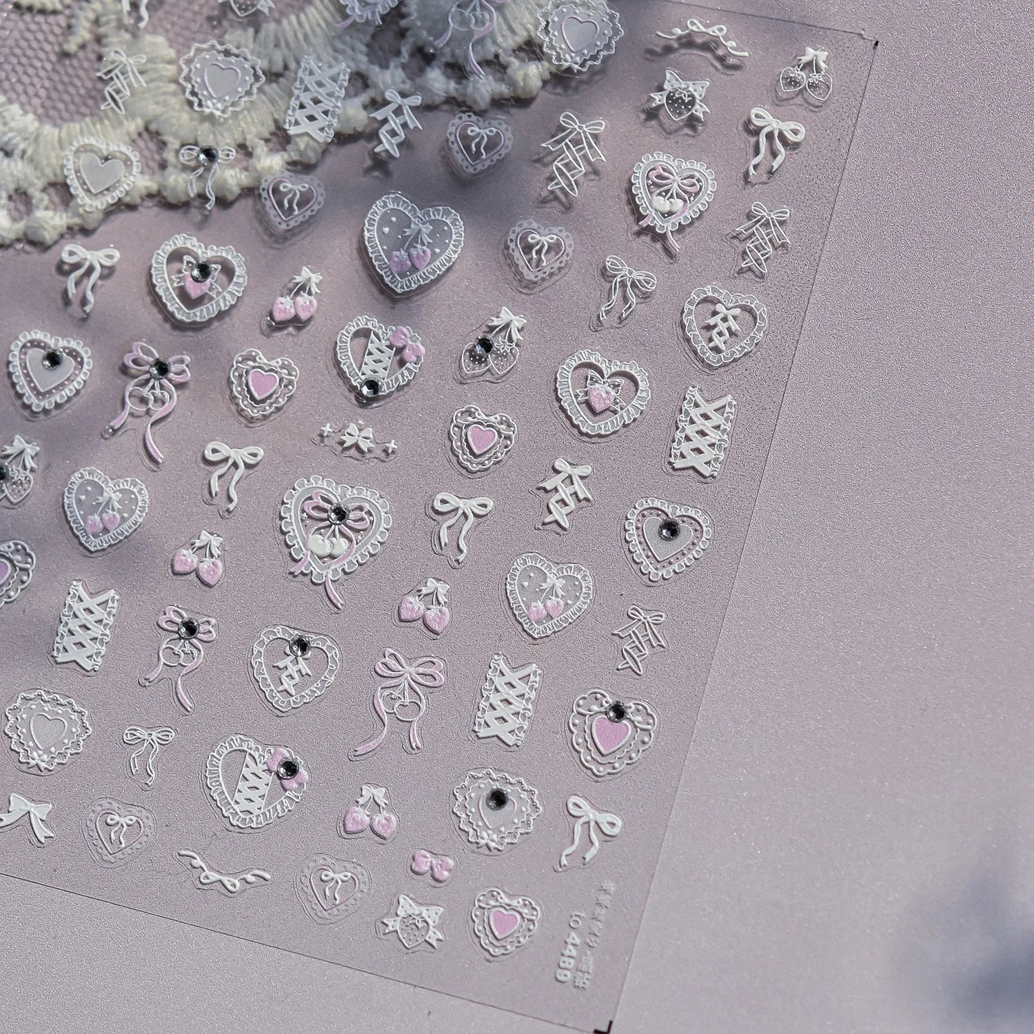 Sweet Pink Bowknot Black Lace Heart Nail Stickers 3D Self Adhesive Nail Art Stickers Manicure Decorations Decals DIY Accessories